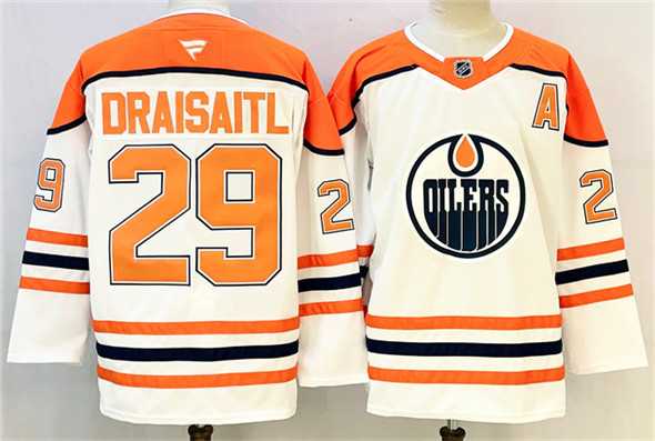 Men%27s Edmonton Oilers #29 Leon Draisaitl White Orange 2024-25 With A Patch Stitched Jersey->edmonton oilers->NHL Jersey